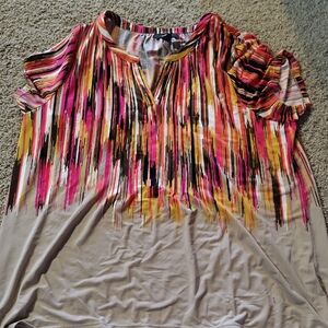 Alfani Pink Multi-Stripe V-Neck Short Sleeve Blouse